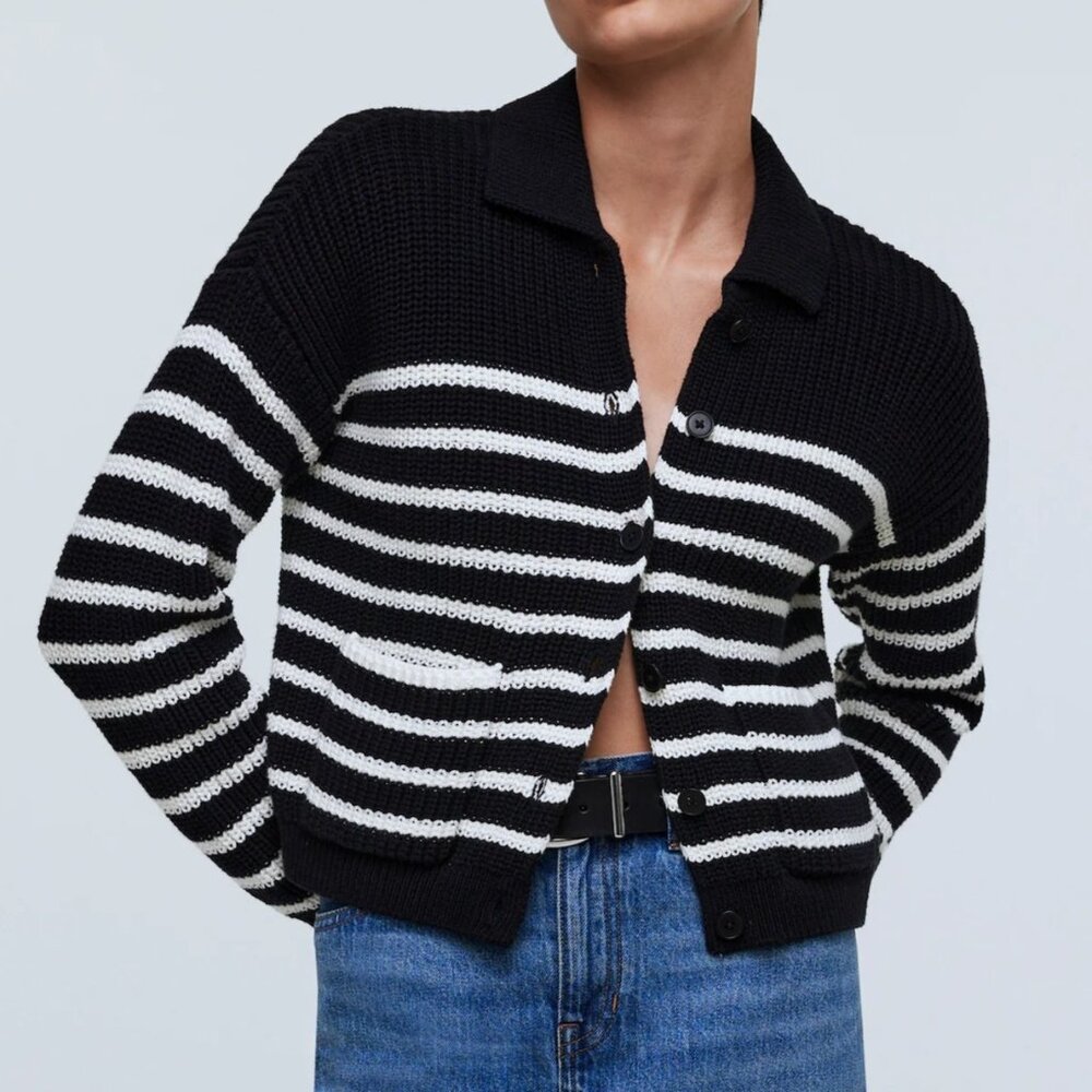 Black & White Striped Knit Button-Up Sweater